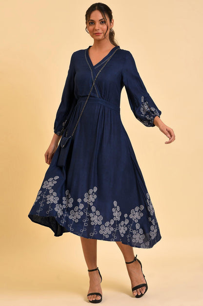 Blue Mock Layer Western Dress With Slim Bag - wforwoman