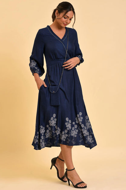 Blue Mock Layer Western Dress With Slim Bag - wforwoman