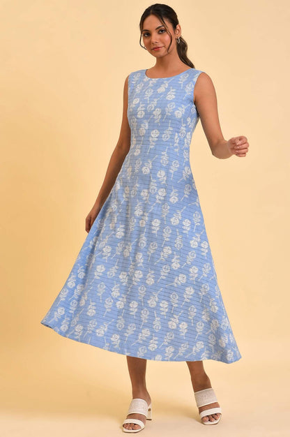 Light Blue Printed Cotton Vacation Dress - wforwoman