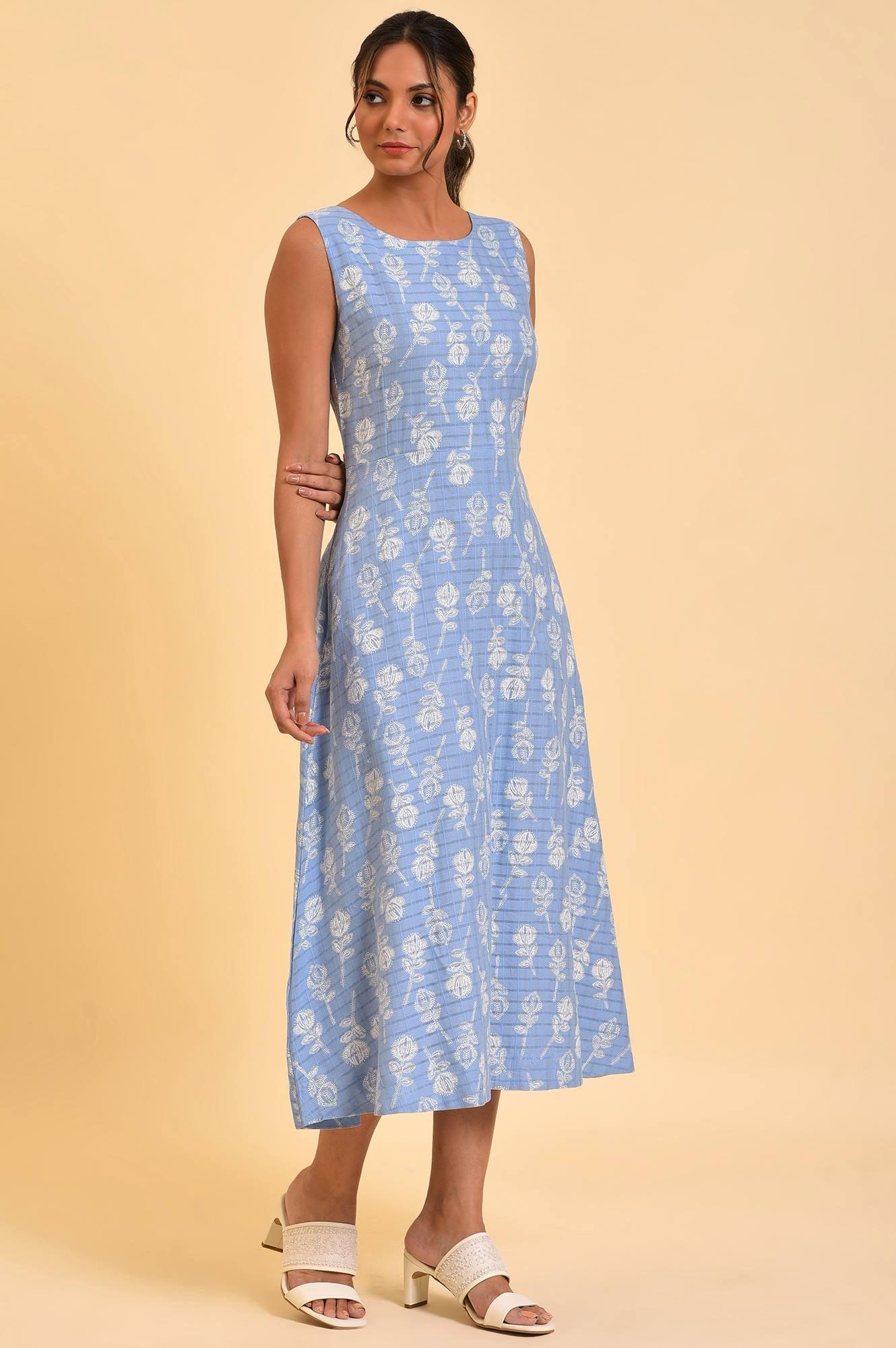 Light Blue Printed Cotton Vacation Dress - wforwoman