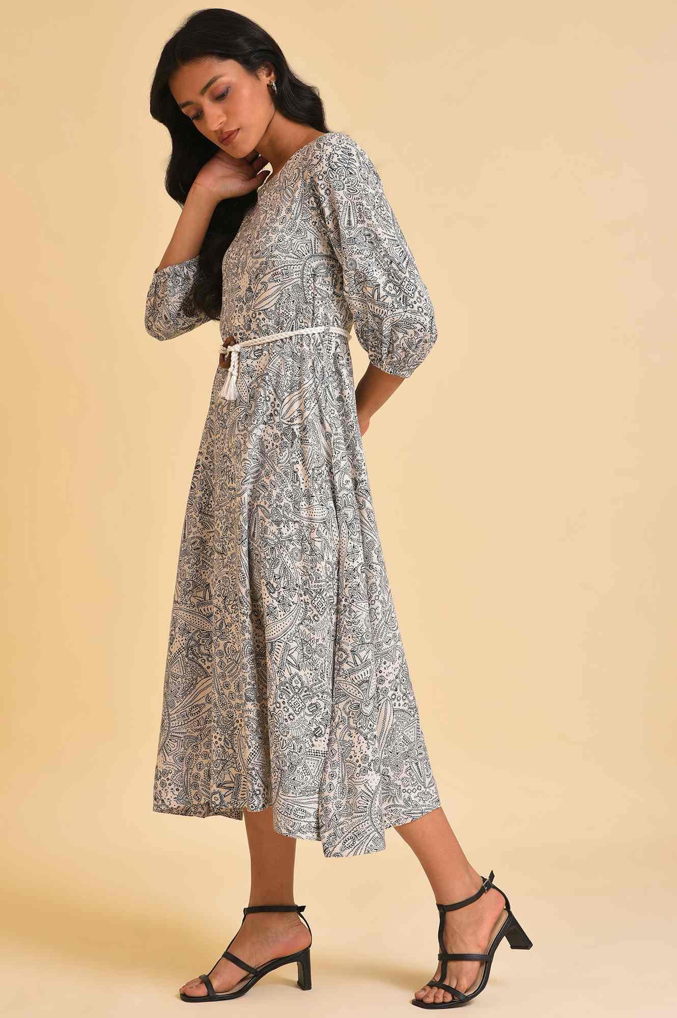 Ecru Printed Rayon Moss Dress With Belt - wforwoman