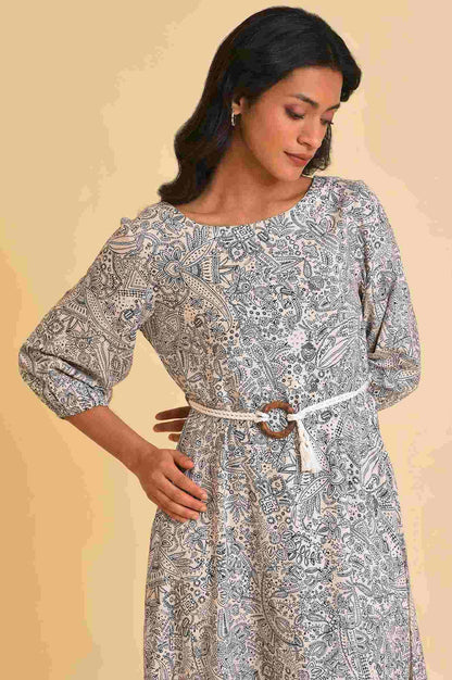 Ecru Printed Rayon Moss Dress With Belt - wforwoman