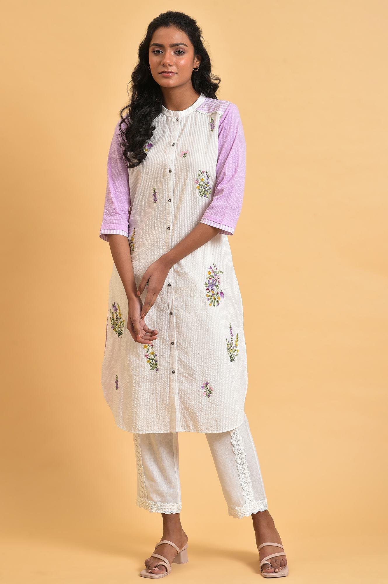 White And Light Purple Seer Sucker Plus Size Embroidered Summer kurta - wforwoman