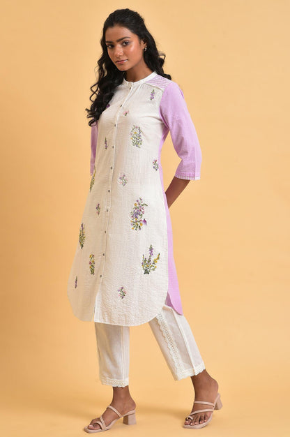 White And Light Purple Seer Sucker Plus Size Embroidered Summer kurta - wforwoman