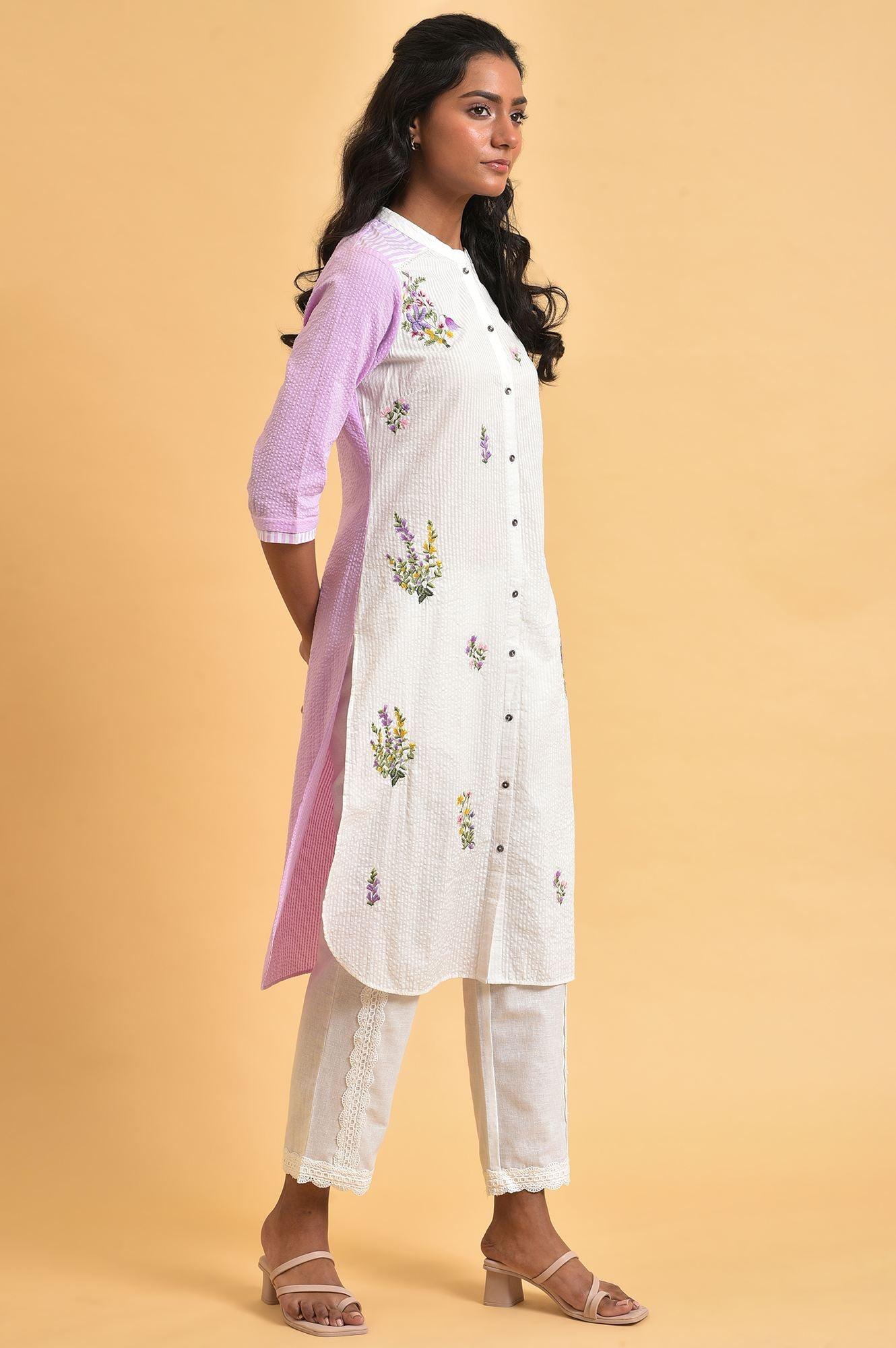 White And Light Purple Seer Sucker Plus Size Embroidered Summer kurta - wforwoman