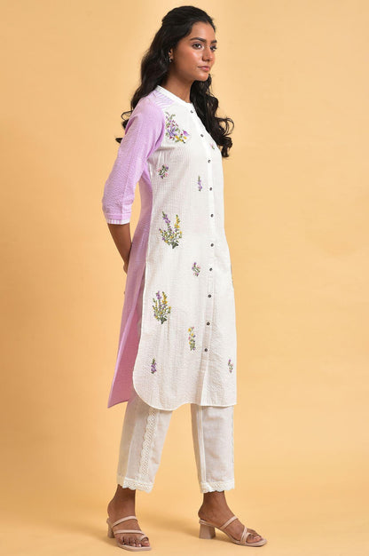 White And Light Purple Seer Sucker Plus Size Embroidered Summer kurta - wforwoman