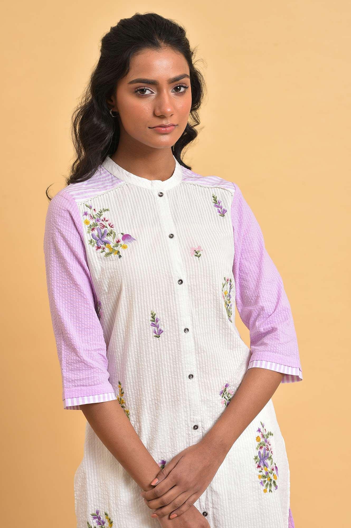 White And Light Purple Seer Sucker Plus Size Embroidered Summer kurta - wforwoman