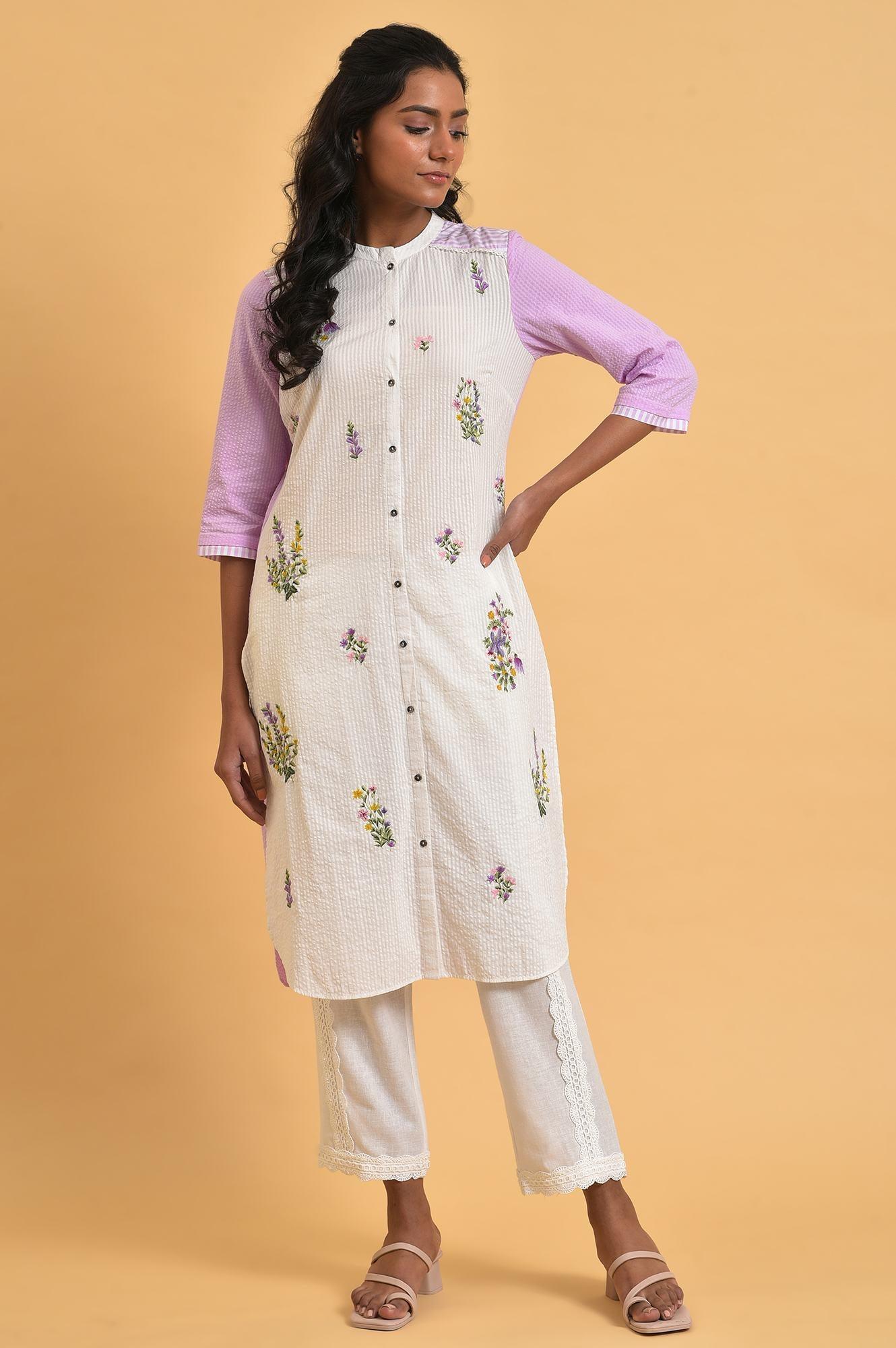 White And Light Purple Seer Sucker Plus Size Embroidered Summer kurta - wforwoman