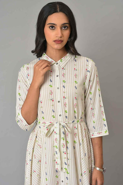 Ecru Printed Summer Shirt Dress - wforwoman