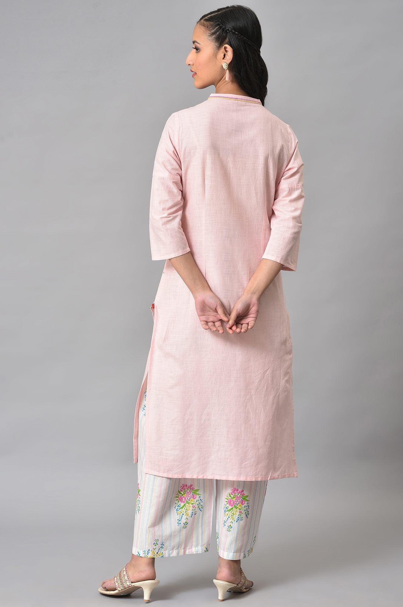 Light Pink Mandarin Collar kurta With Embroidery - wforwoman
