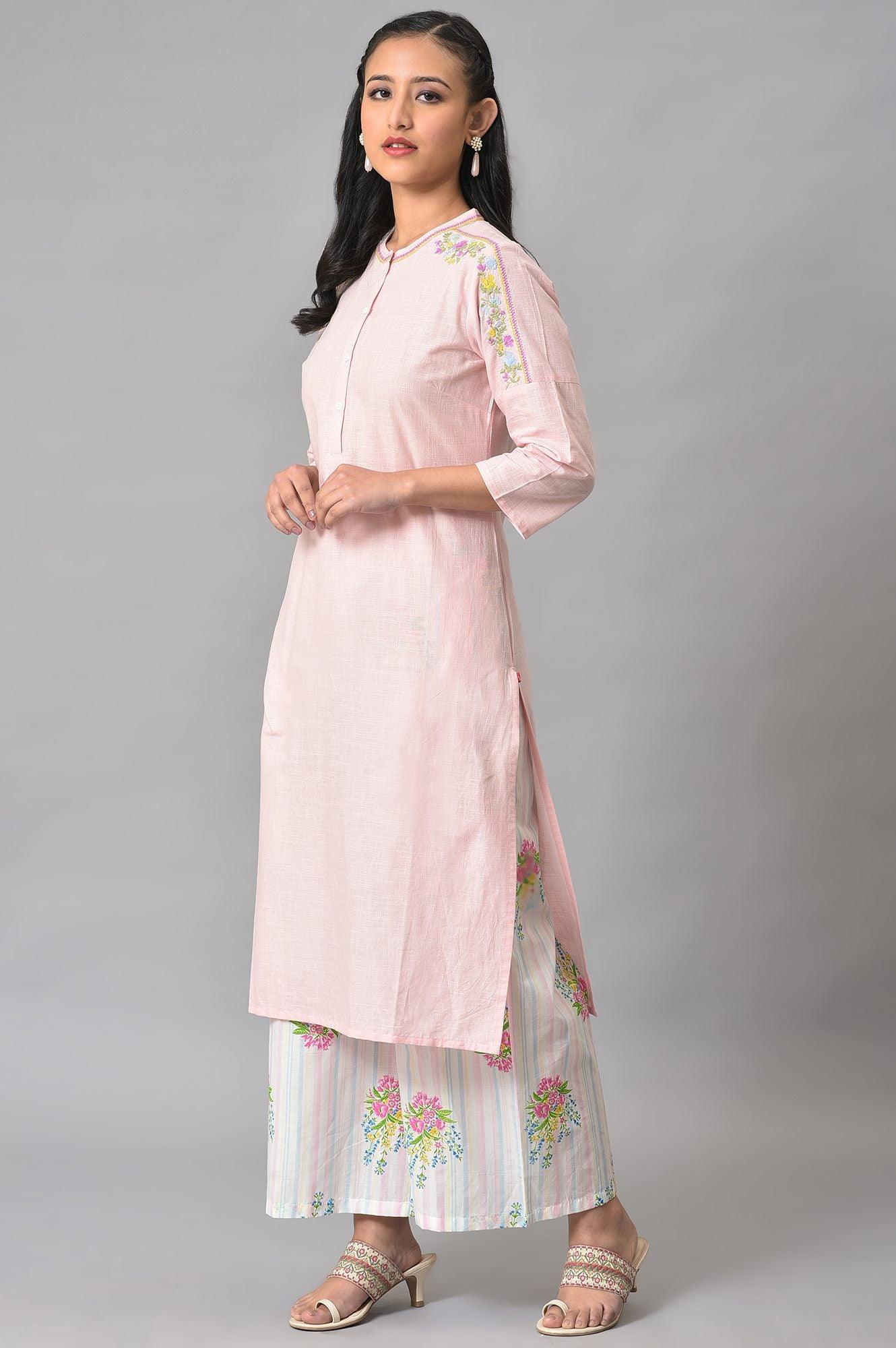Light Pink Mandarin Collar kurta With Embroidery - wforwoman