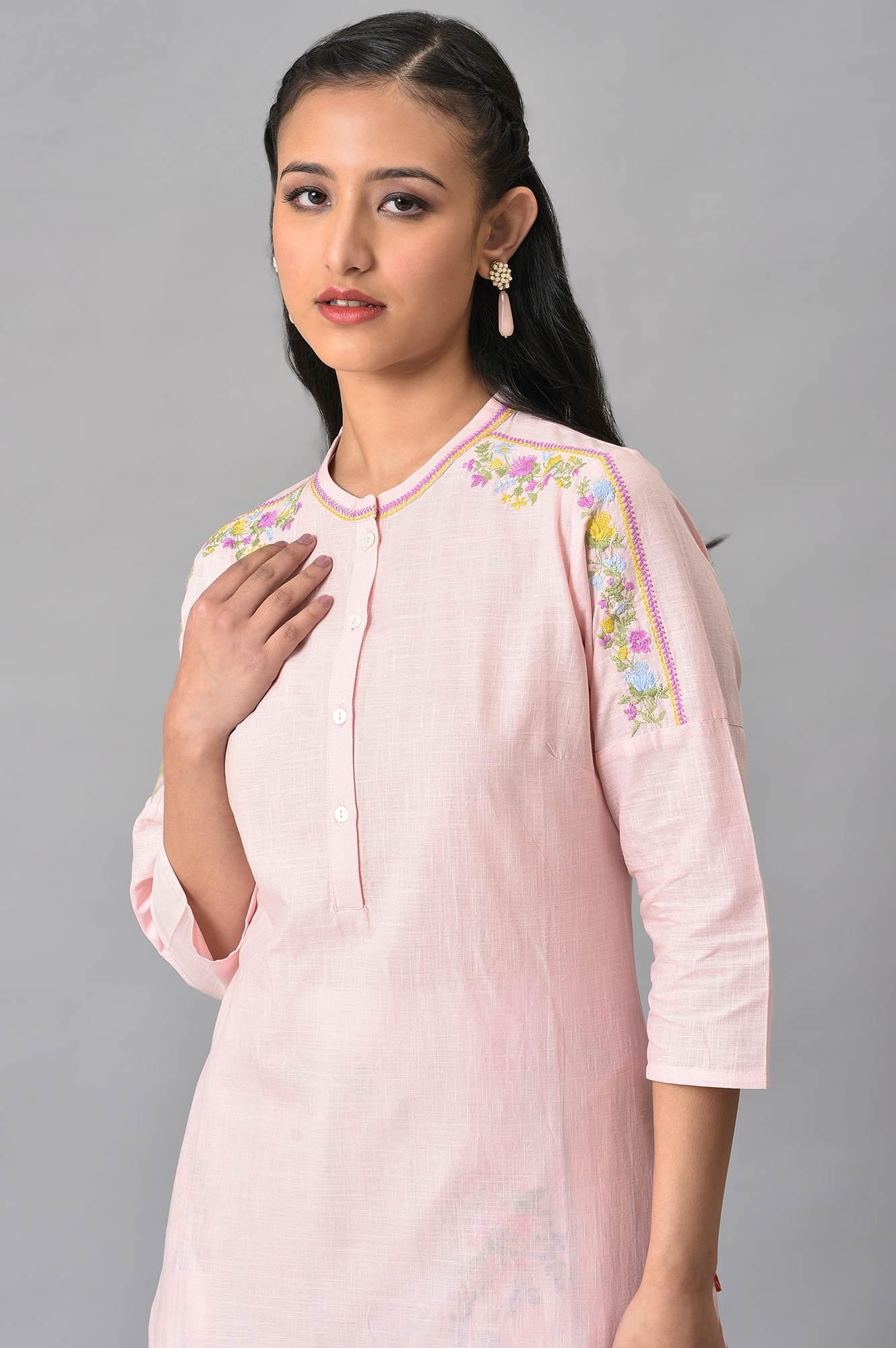 Plus Size Light Pink Mandarin Collar kurta With Embroidery - wforwoman