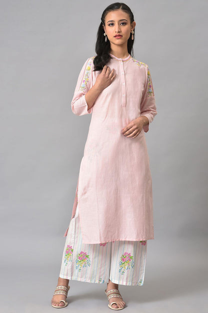 Plus Size Light Pink Mandarin Collar kurta With Embroidery - wforwoman