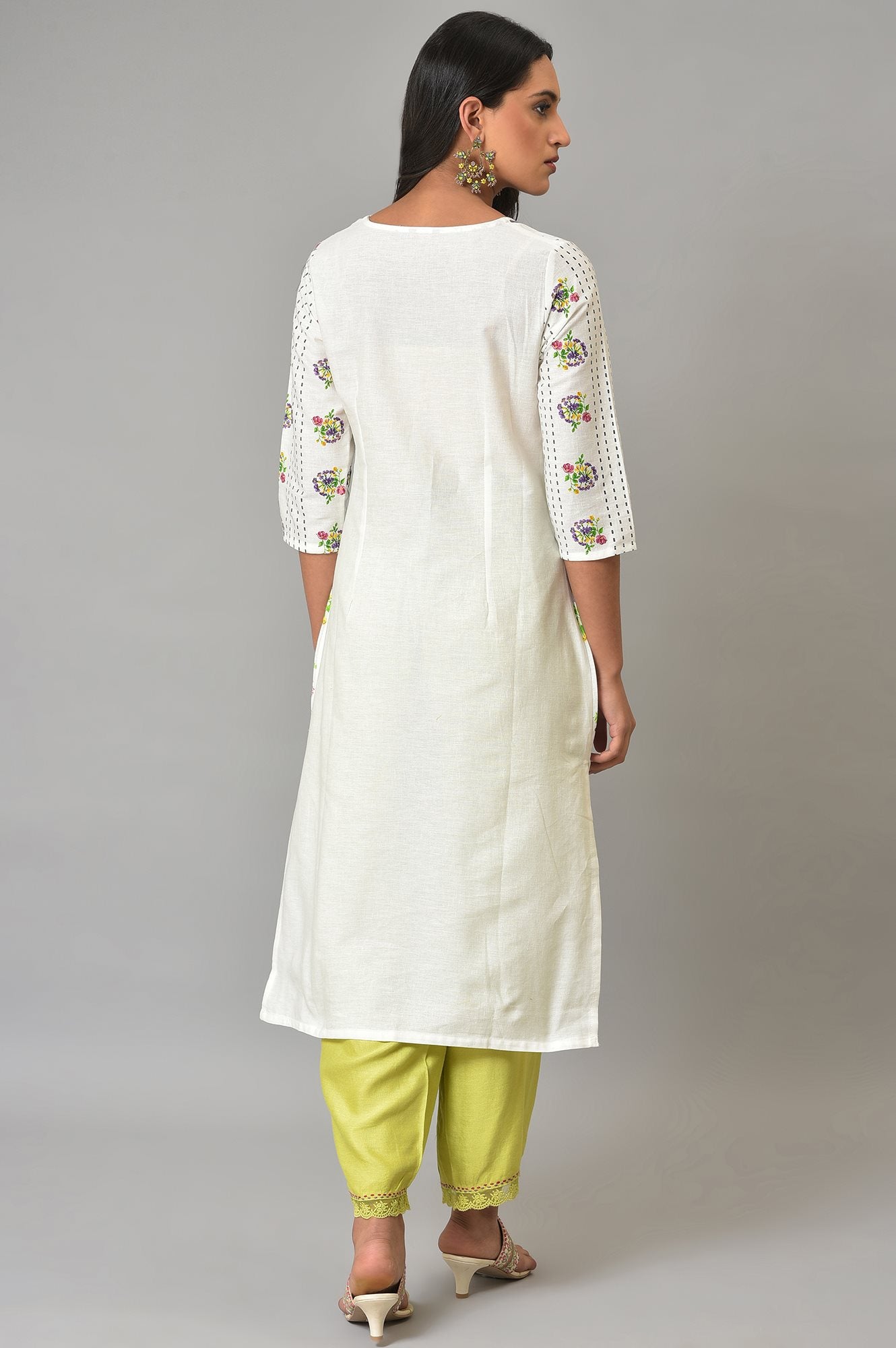 Ecru Floral Printed Cotton Kurta - wforwoman