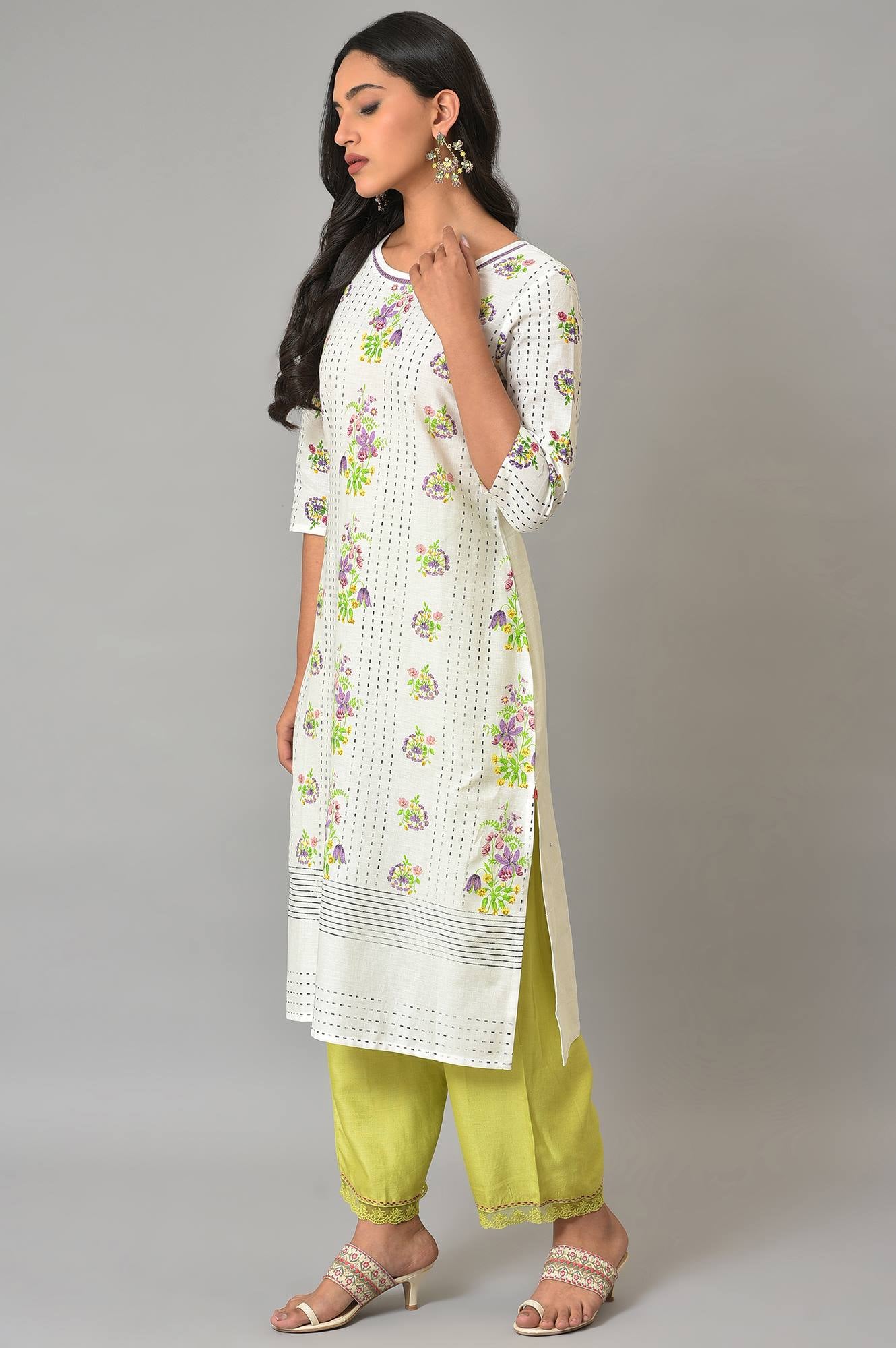 Ecru Floral Printed Cotton Kurta - wforwoman