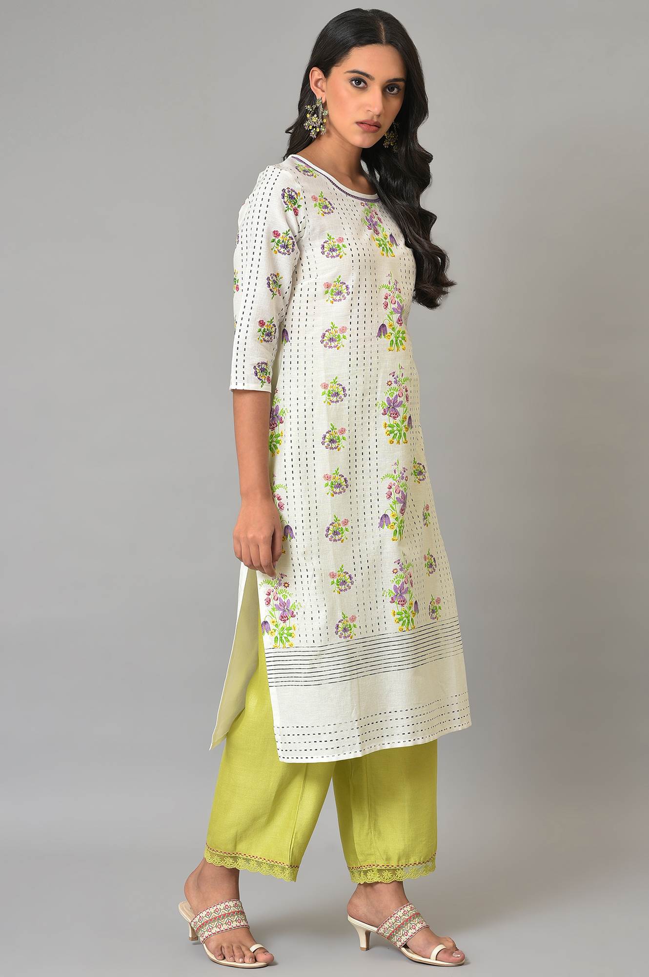 Ecru Floral Printed Cotton Kurta - wforwoman