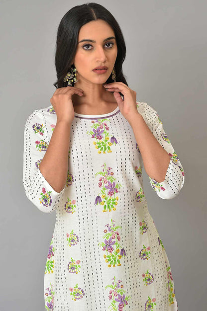 Ecru Floral Printed Cotton kurta - wforwoman