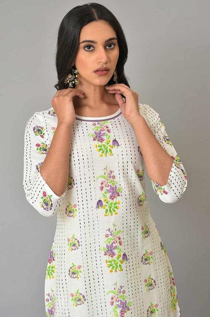 Ecru Floral Printed Cotton Kurta - wforwoman