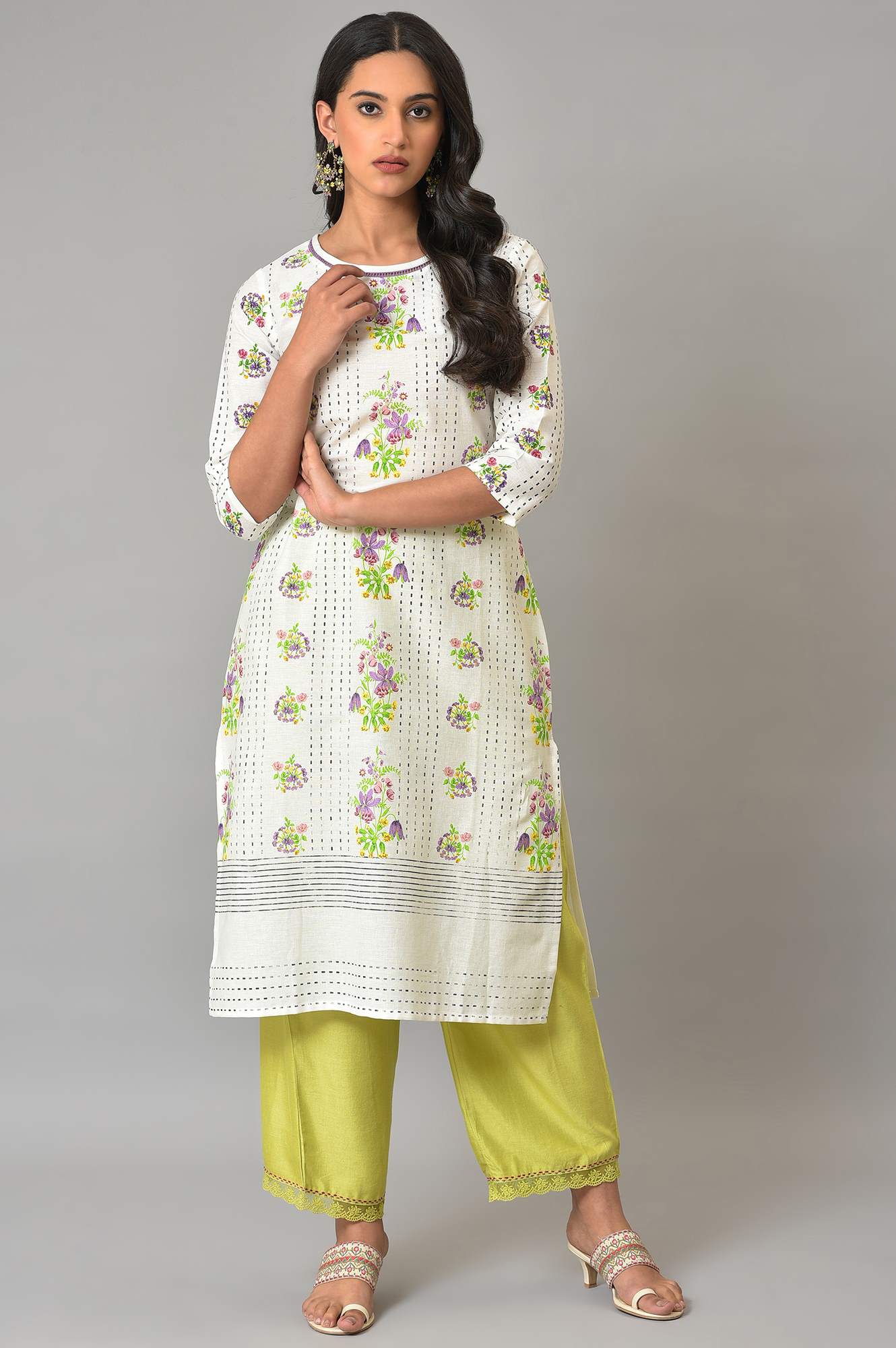 Ecru Floral Printed Cotton Kurta - wforwoman