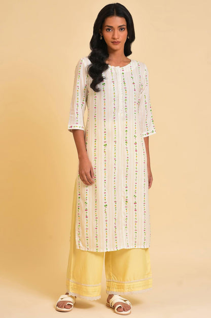 Plus Size Ecru Printed Straight kurta With Lace Placket - wforwoman