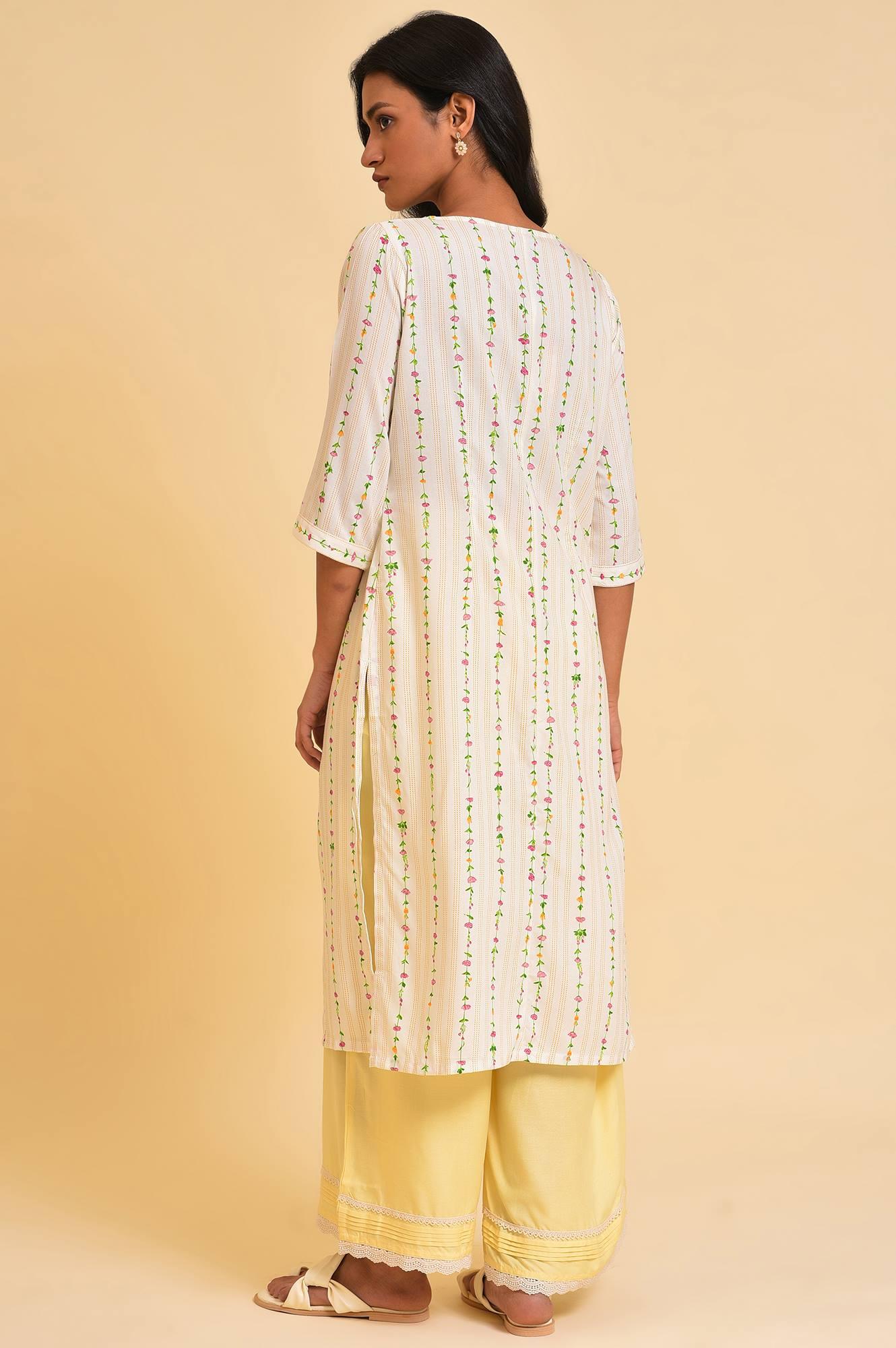 Plus Size Ecru Printed Straight kurta With Lace Placket - wforwoman