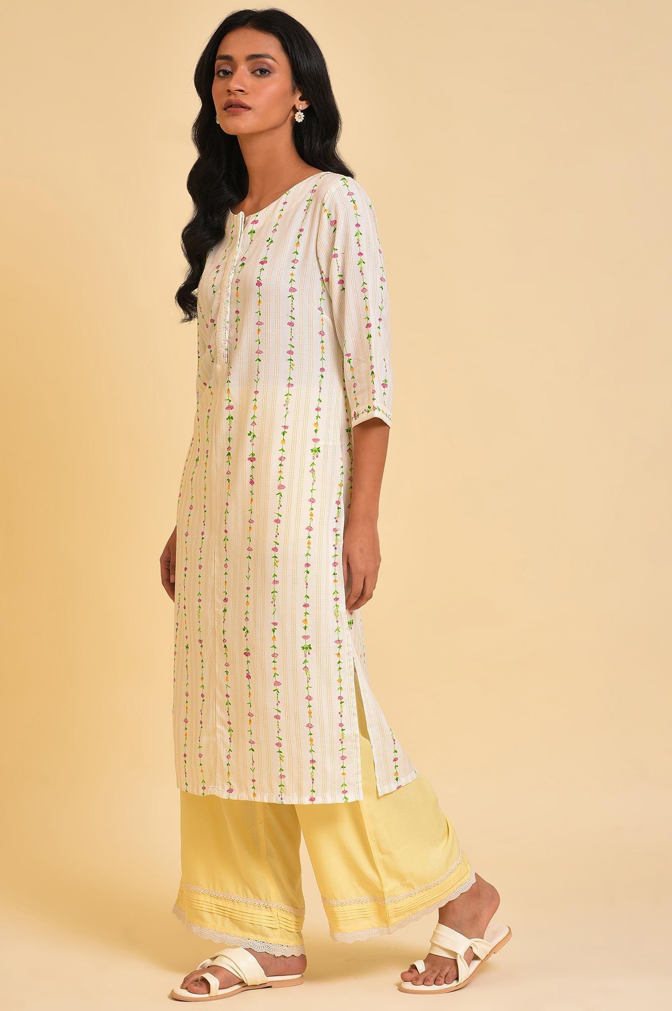 Plus Size Ecru Printed Straight kurta With Lace Placket - wforwoman