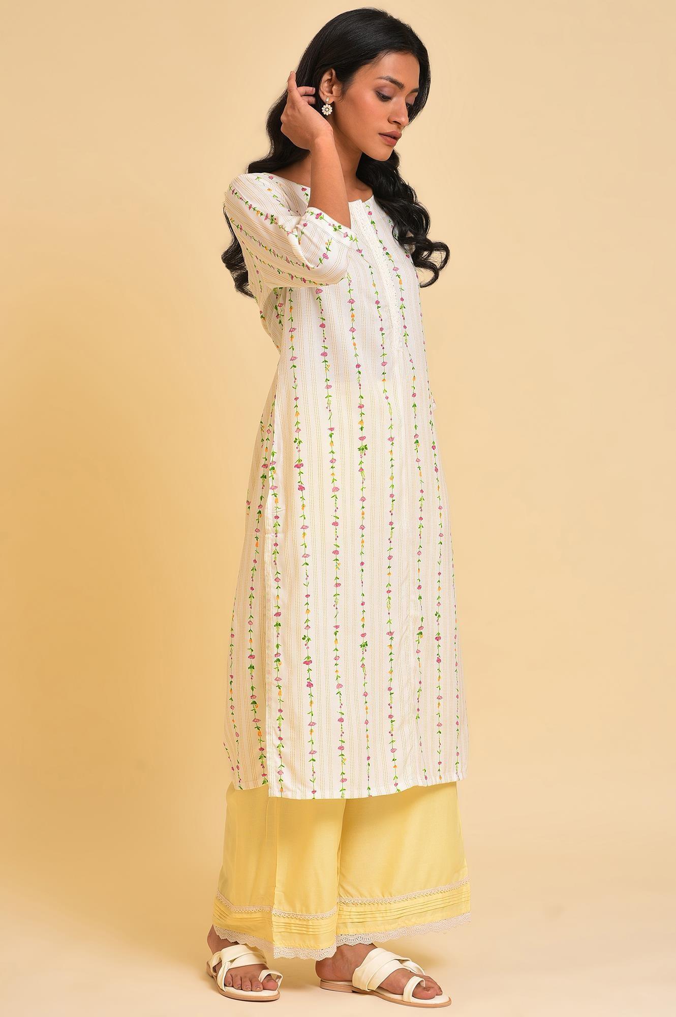 Plus Size Ecru Printed Straight kurta With Lace Placket - wforwoman