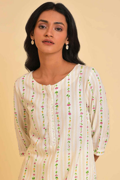 Plus Size Ecru Printed Straight kurta With Lace Placket - wforwoman