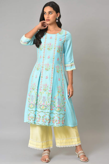 Blue Floral Printed A-Line Front Pleated Plus Size kurta - wforwoman