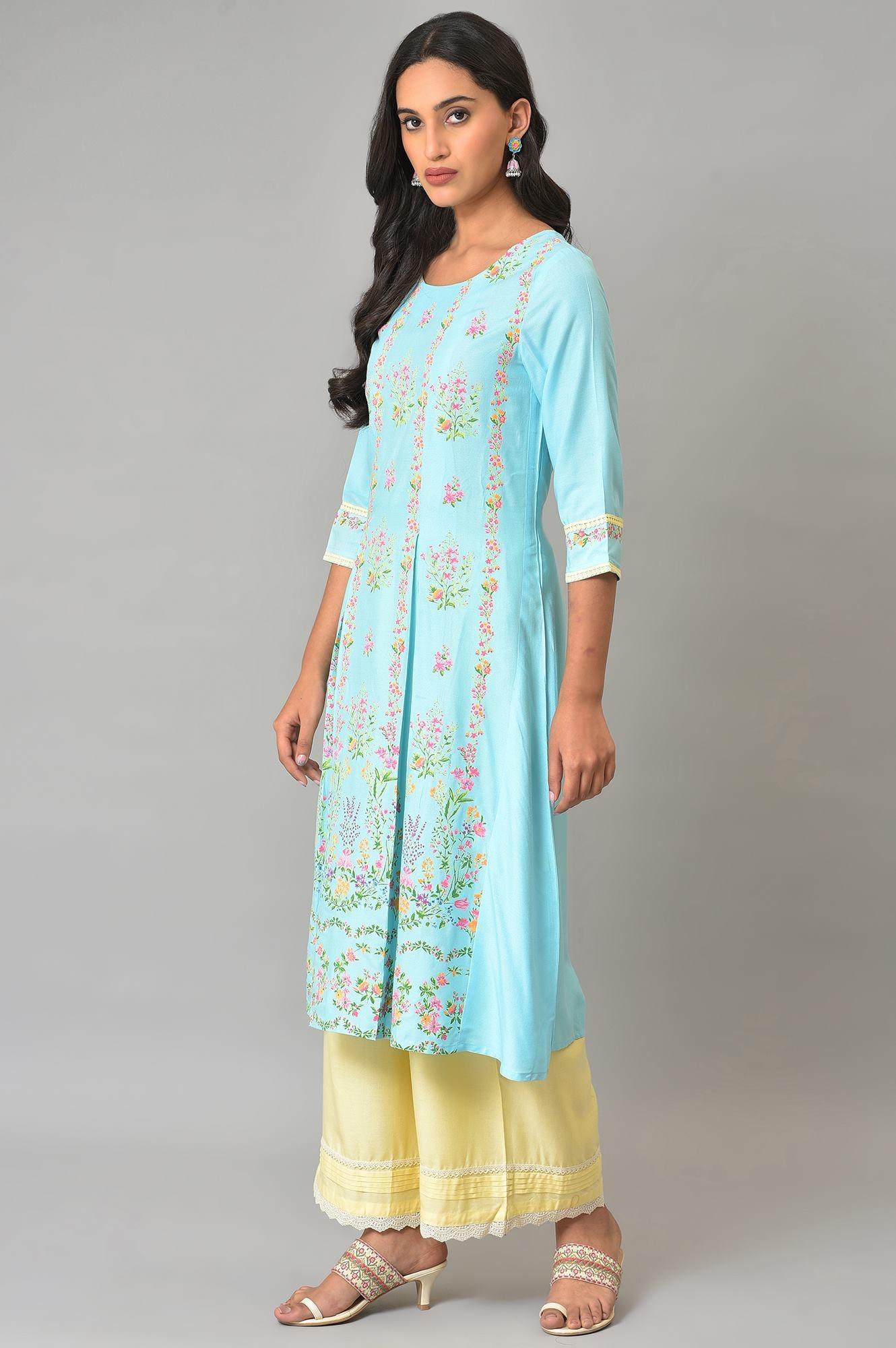 Blue Floral Printed A-Line Front Pleated Plus Size kurta - wforwoman