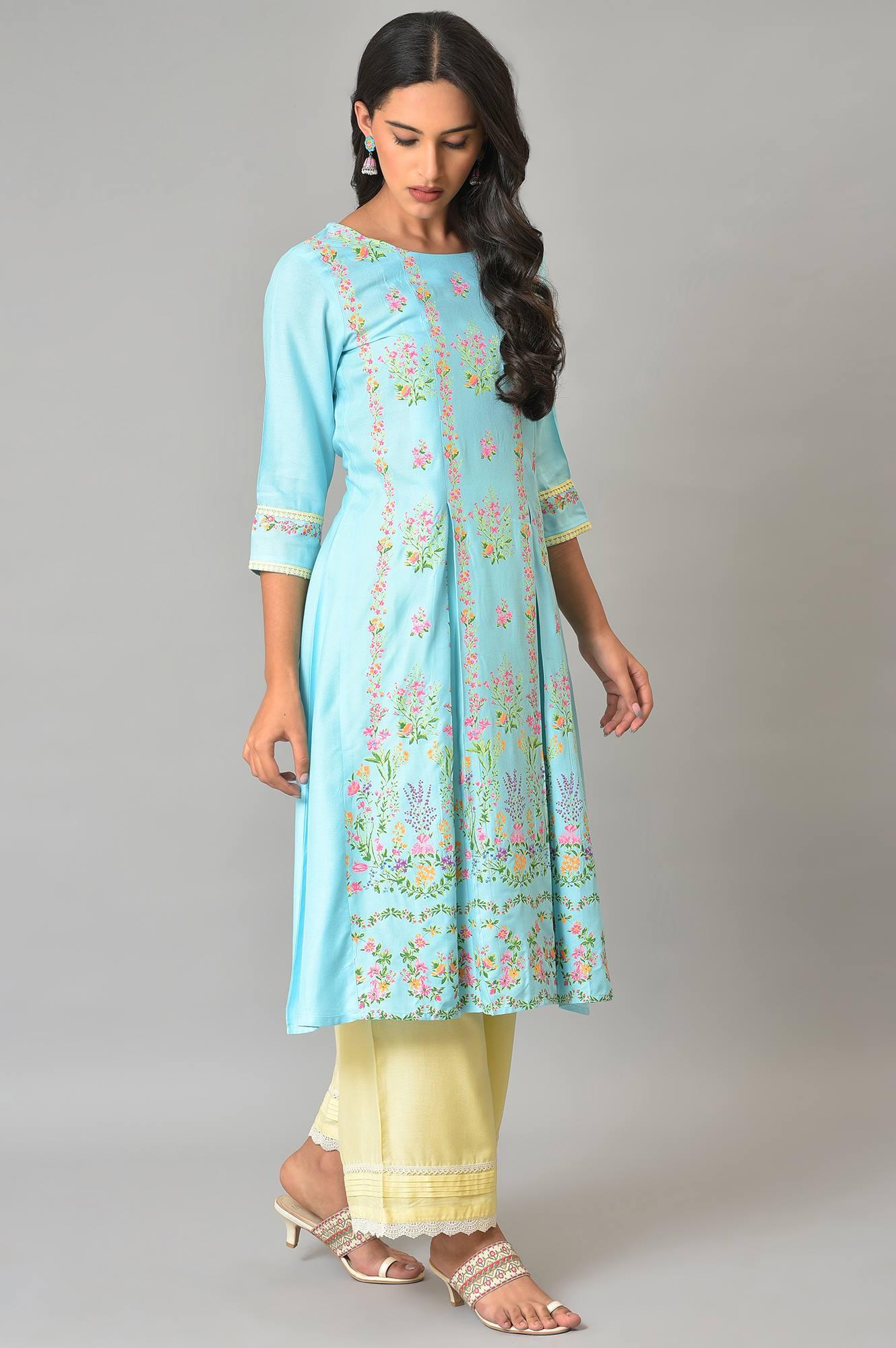 Blue Floral Printed A-Line Front Pleated Plus Size kurta - wforwoman