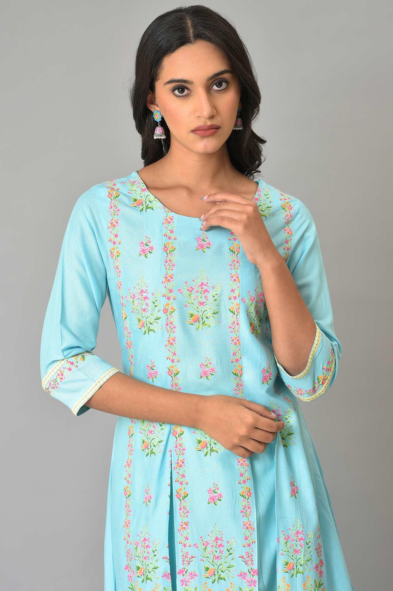 Blue Floral Printed A-Line Front Pleated Plus Size kurta - wforwoman