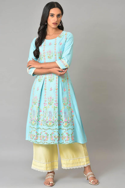 Blue Floral Printed A-Line Front Pleated Plus Size kurta - wforwoman