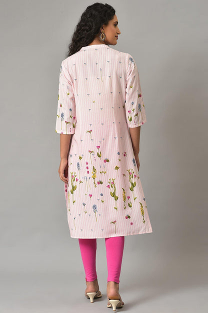 Light Pink Floral Printed kurta In Mandarin Collar - wforwoman