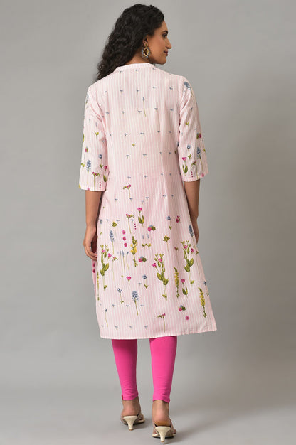 Light Pink Floral Printed kurta In Mandarin Collar