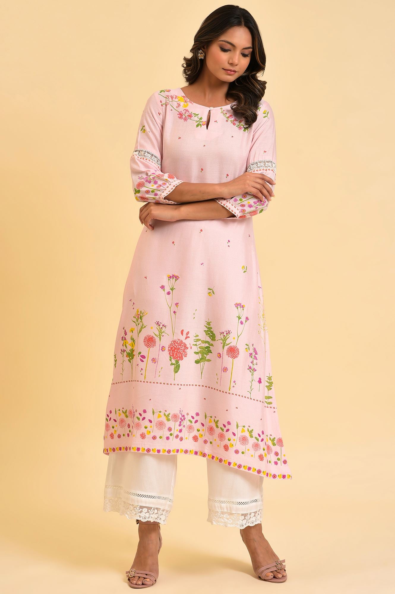 Light Pink Floral Printed Summer Kurta - wforwoman