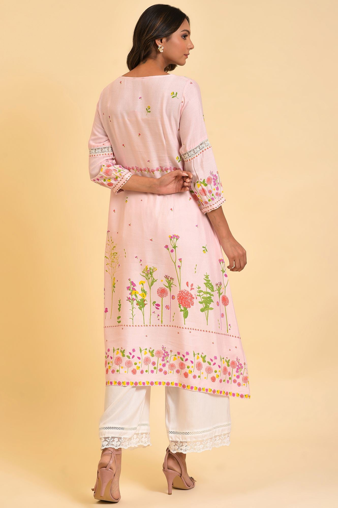 Light Pink Floral Printed Summer Kurta - wforwoman