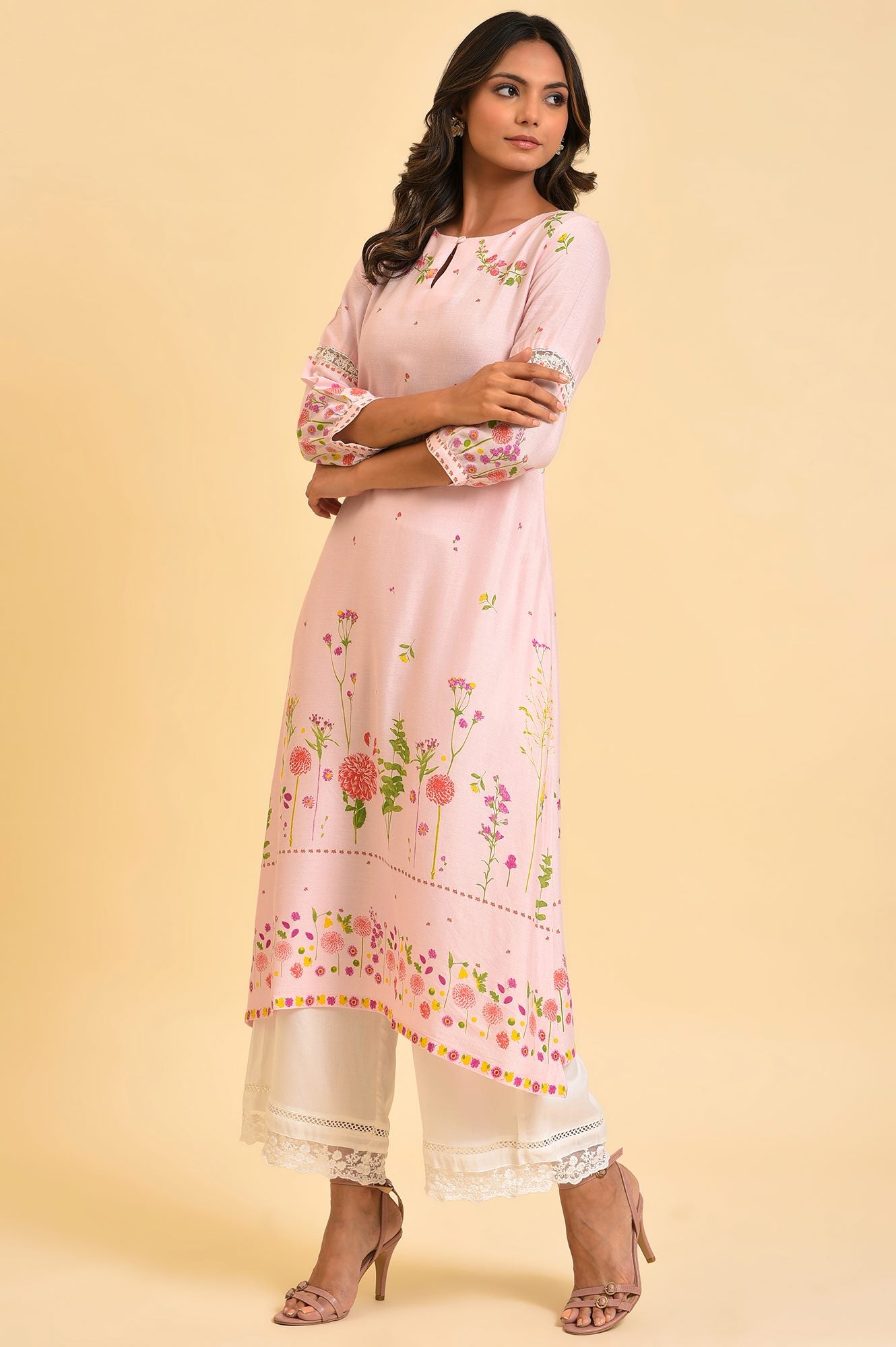 Light Pink Floral Printed Summer Kurta - wforwoman