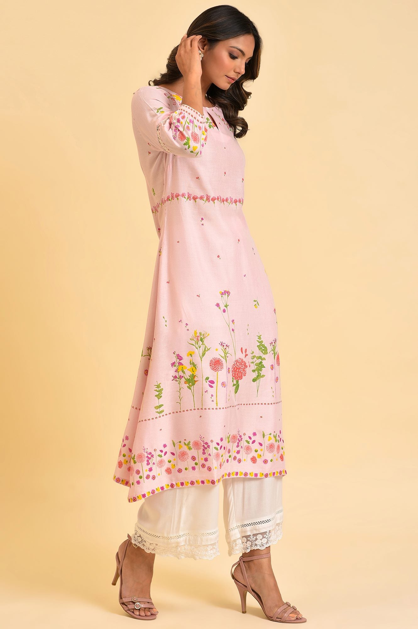 Light Pink Floral Printed Summer Kurta - wforwoman