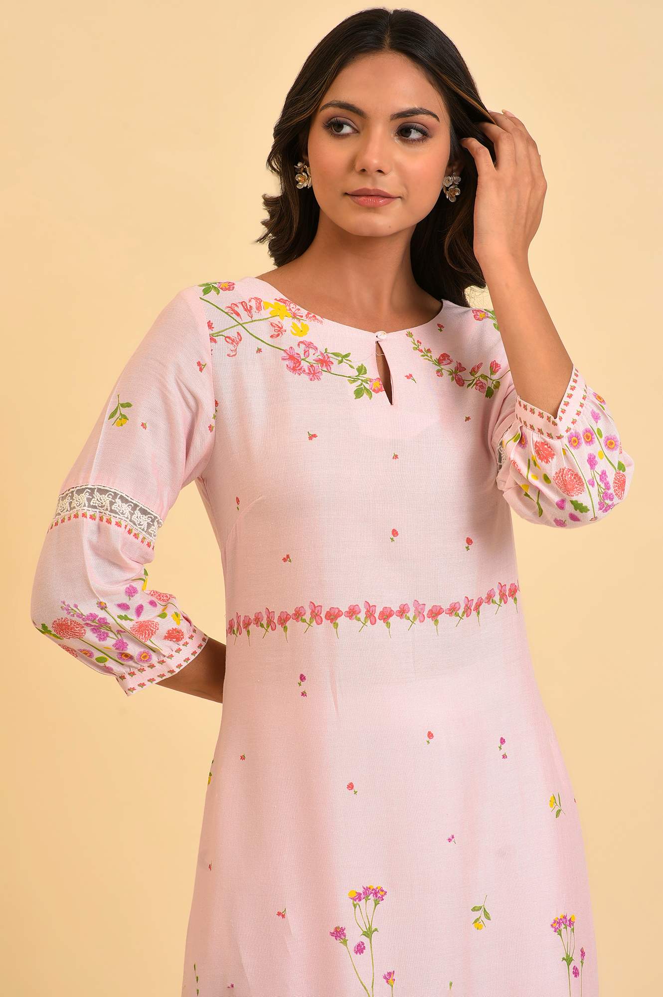 Light Pink Floral Printed Summer Kurta - wforwoman