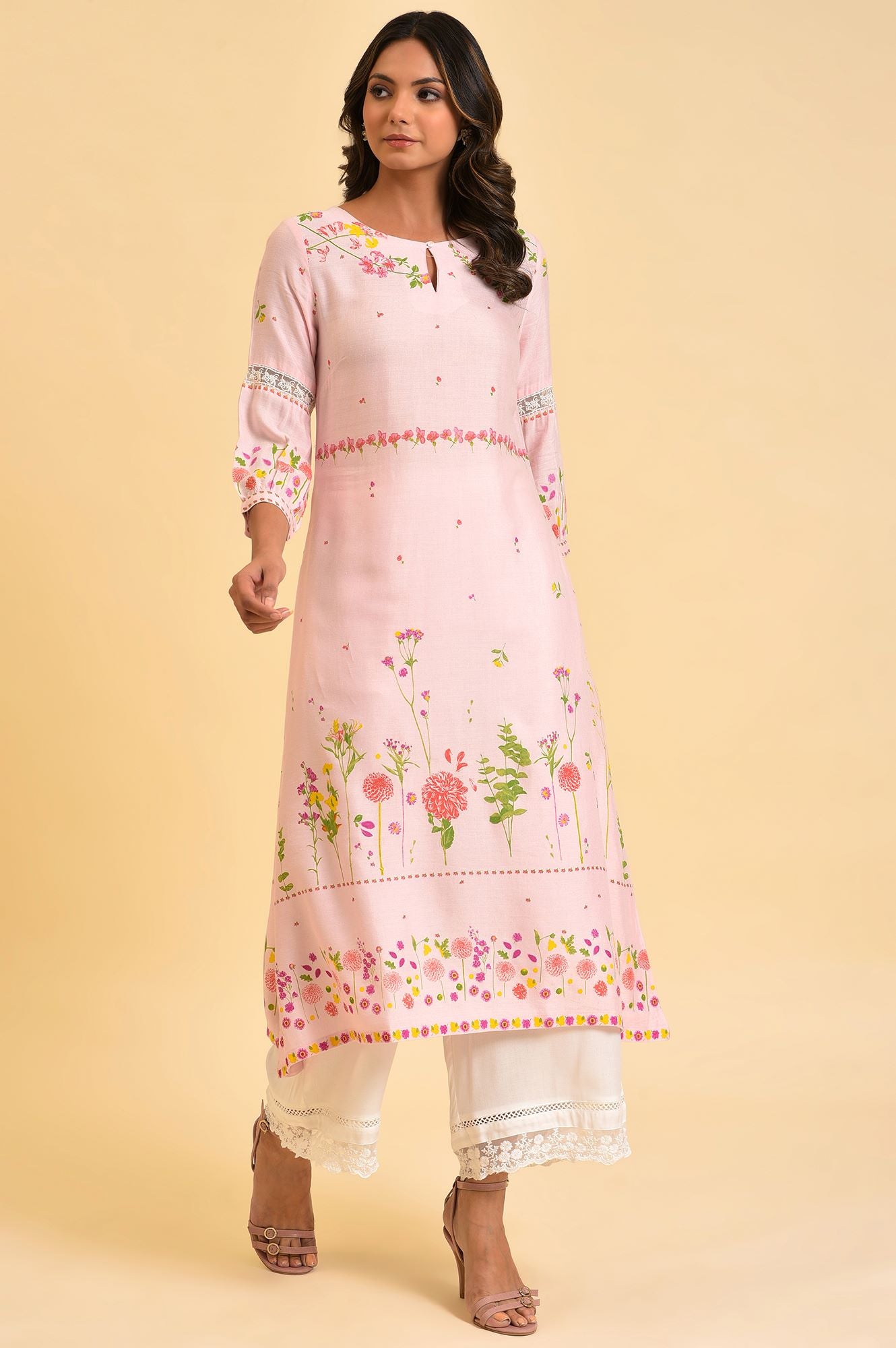 Light Pink Floral Printed Summer Kurta - wforwoman