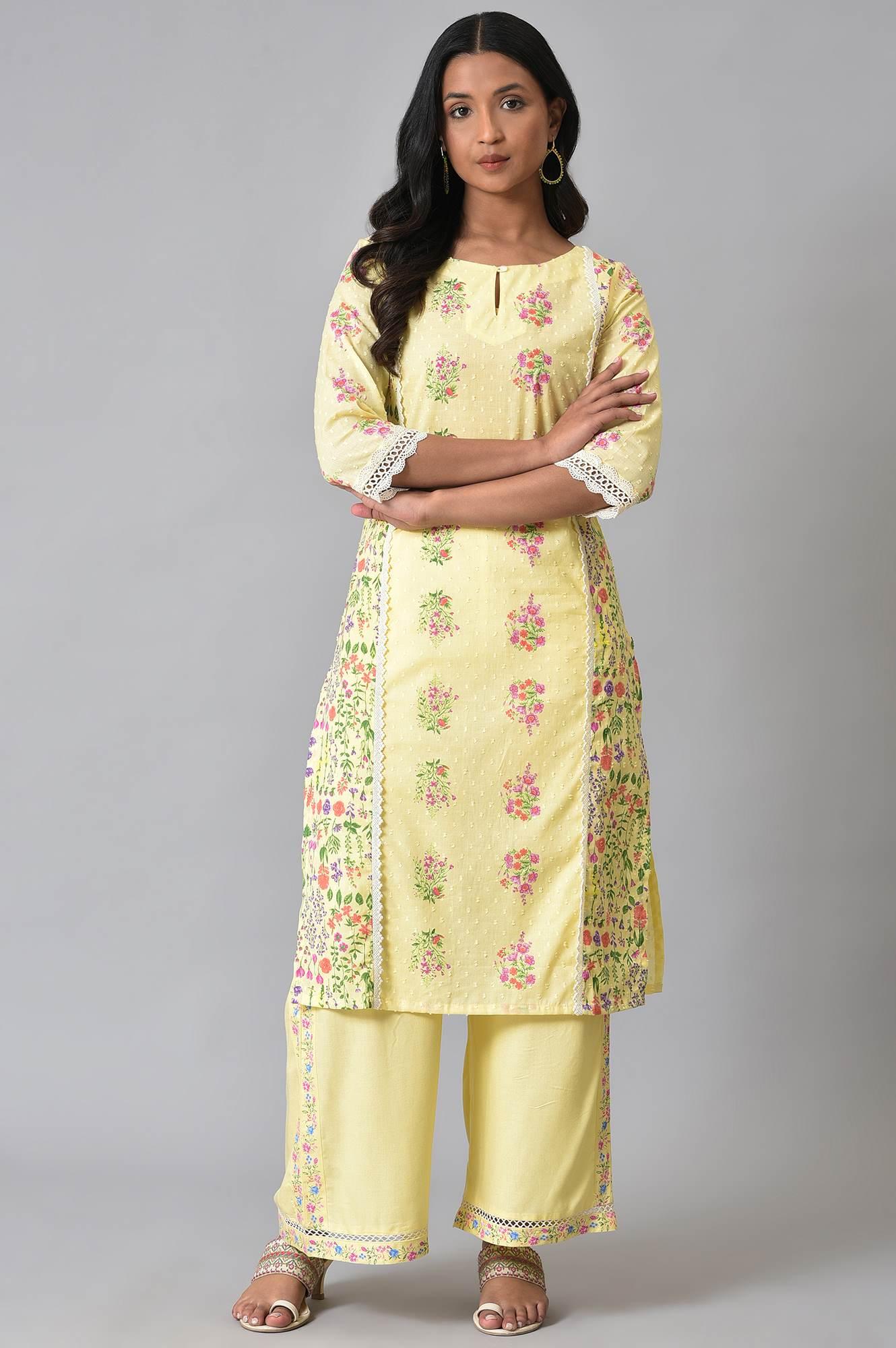 Plus Size Yellow Panelled Floral kurta With Lace Detail - wforwoman