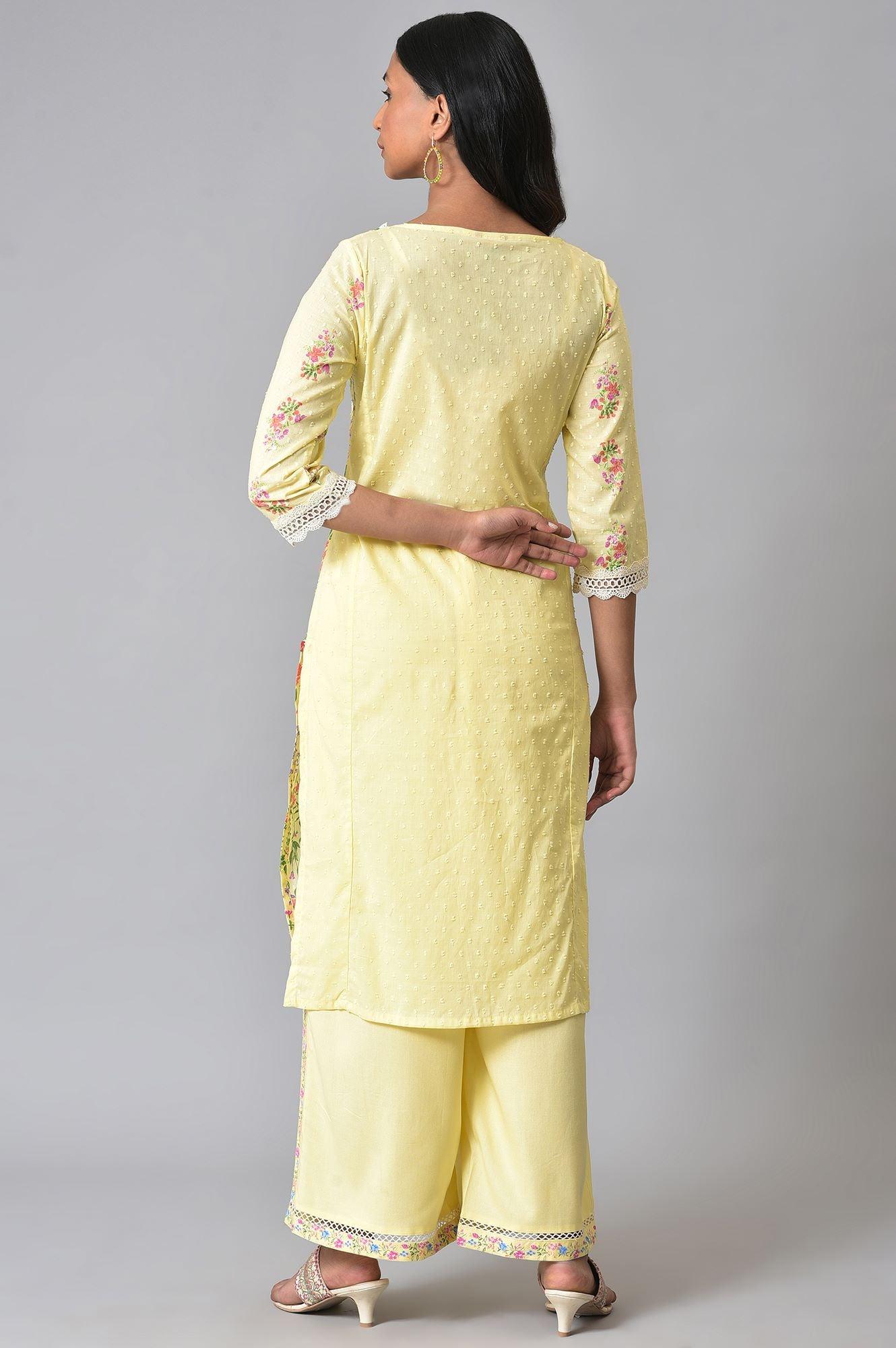 Plus Size Yellow Panelled Floral kurta With Lace Detail - wforwoman