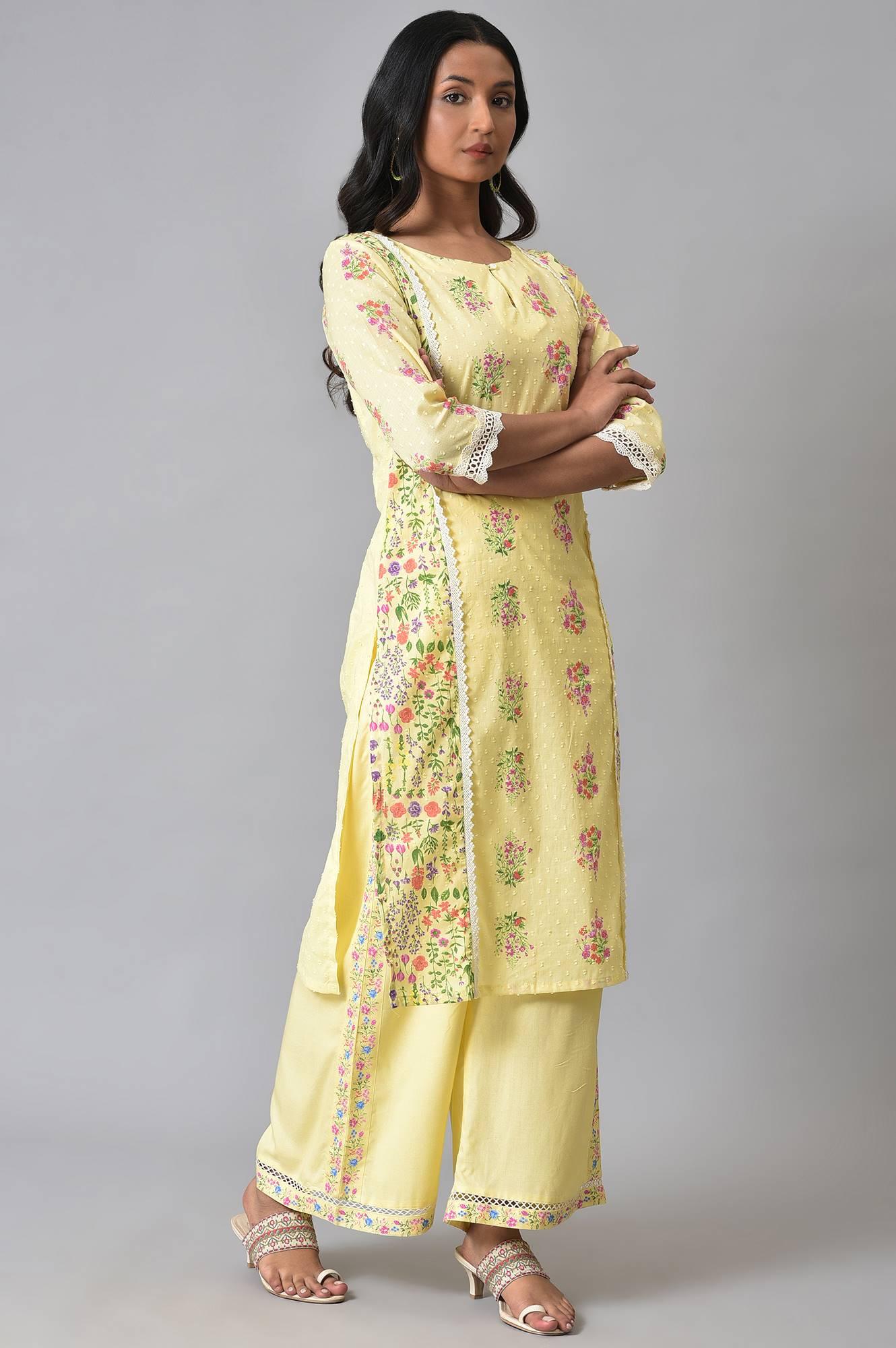 Plus Size Yellow Panelled Floral kurta With Lace Detail - wforwoman