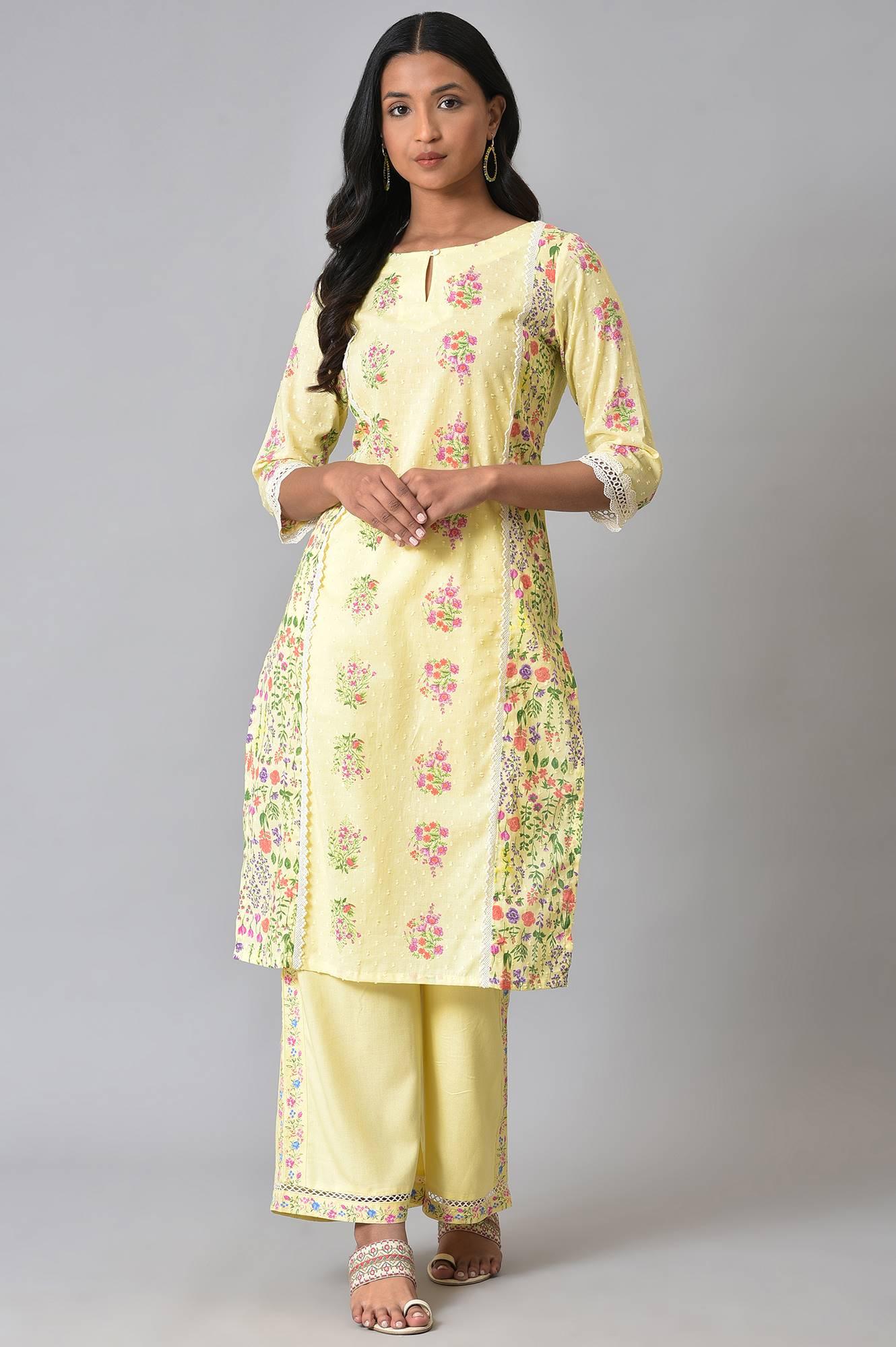 Plus Size Yellow Panelled Floral kurta With Lace Detail - wforwoman