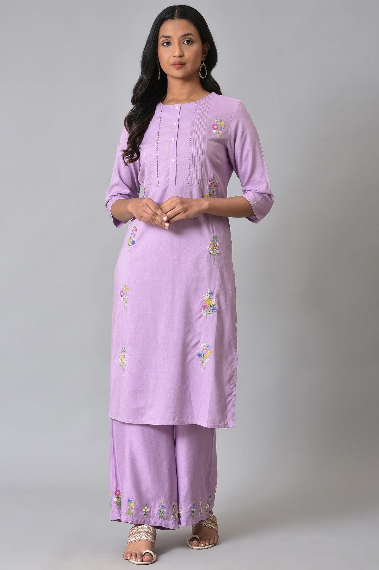 Light Purple Embroidered kurta With Pintucks - wforwoman