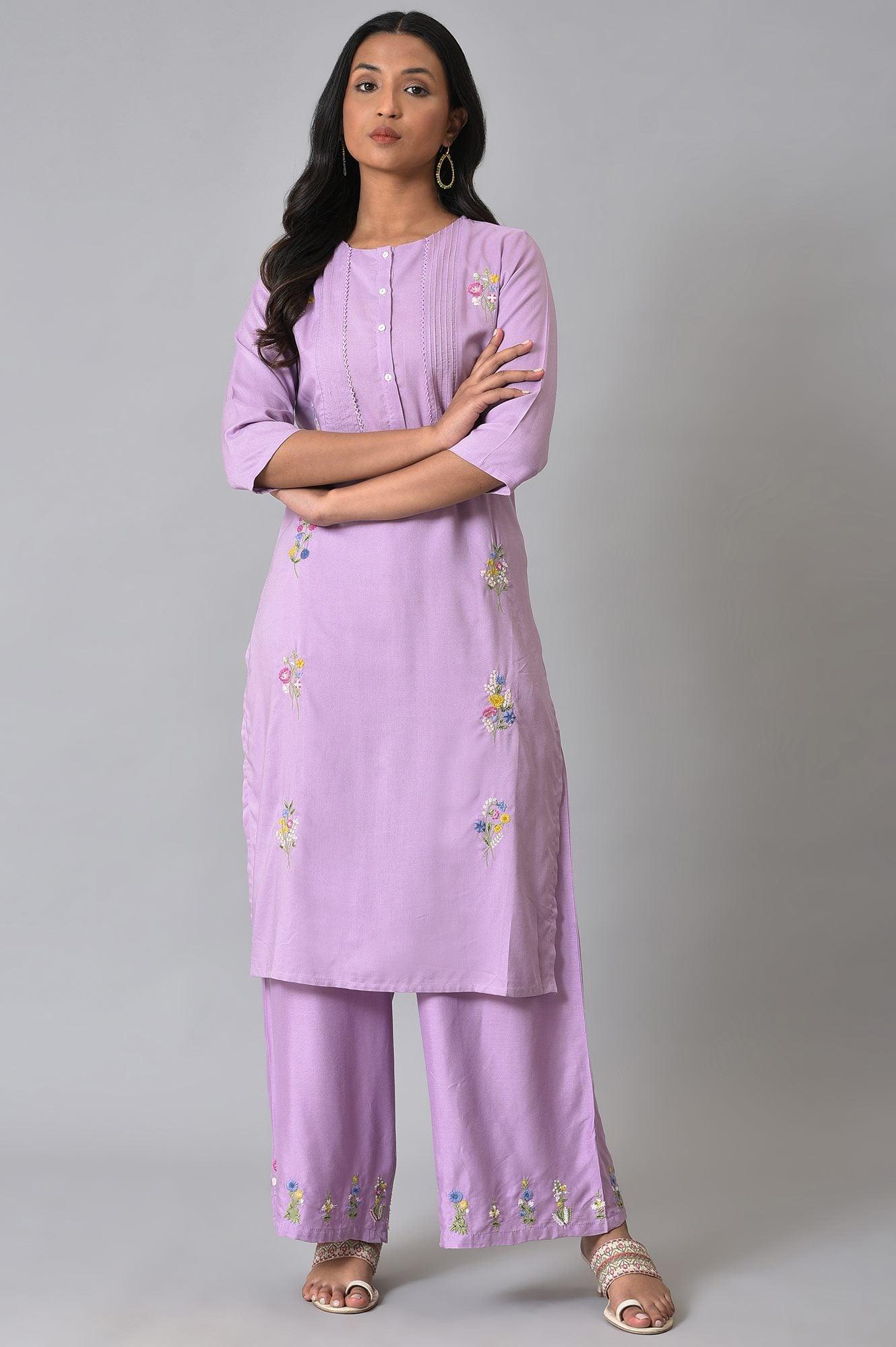 Plus Size Light Purple Embroidered kurta With Pintucks - wforwoman