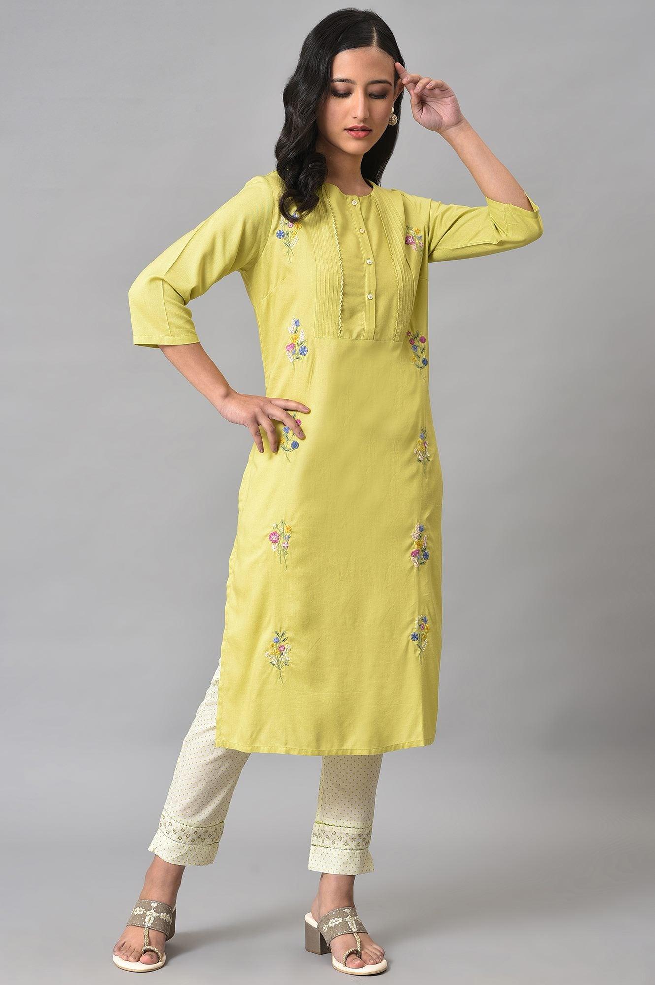 Plus Size Light Green Embroidered Pintuck Summer kurta - wforwoman