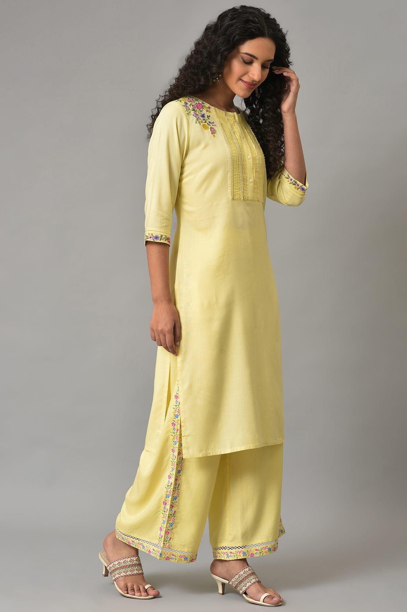 Yellow Embroidered Summer kurta With Pleats On Yoke - wforwoman