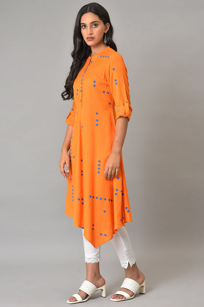 Orange Printed Asymmetrical Plus Size kurta